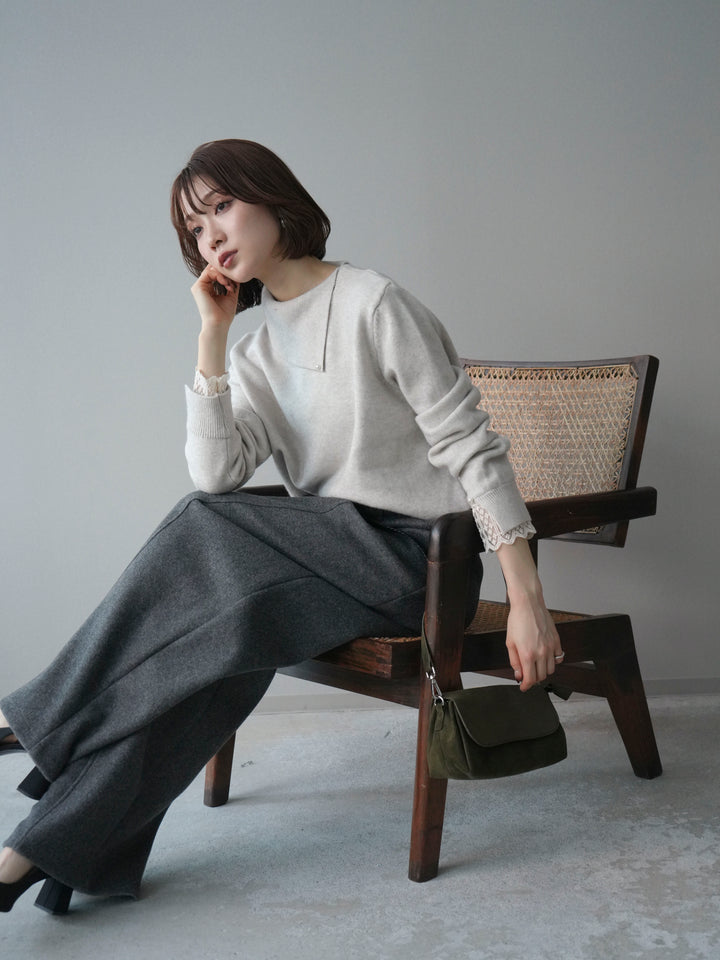 [SET]袖レースパール付き配色ニットトップス+ウールタッチカーブパンツ(2set)