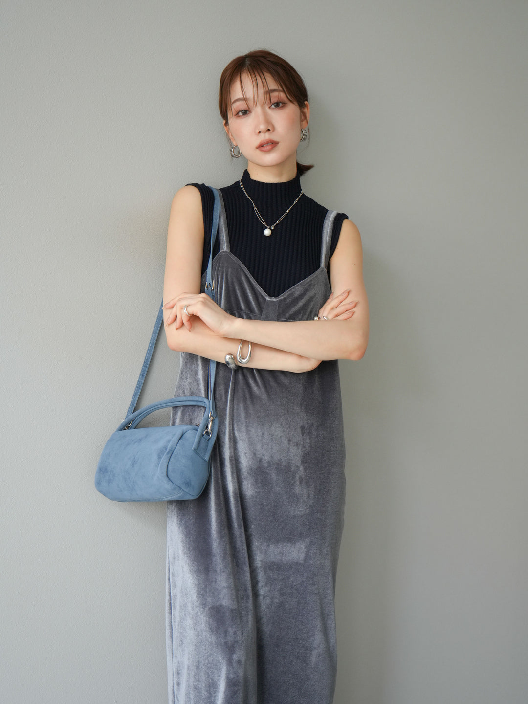 [予約]ボトルネックワッフル編みノースリーブニットトップス/ネイビー