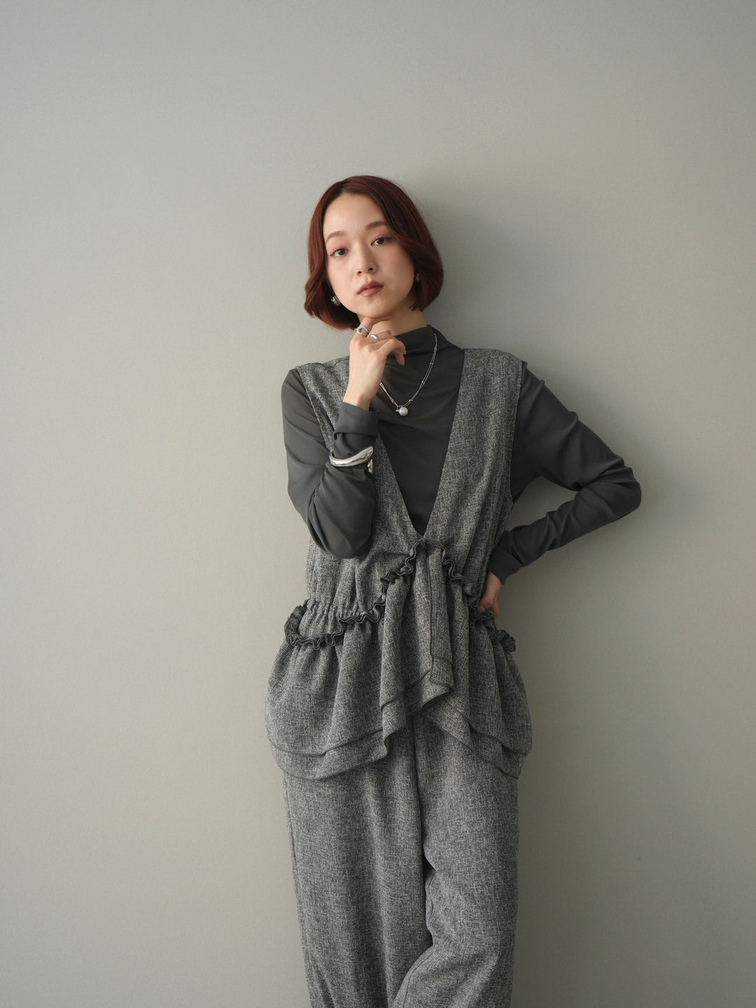 [SET]3WAYミックスツイードギャザーオールインワン+シアープチネックストレッチトップス(2set)