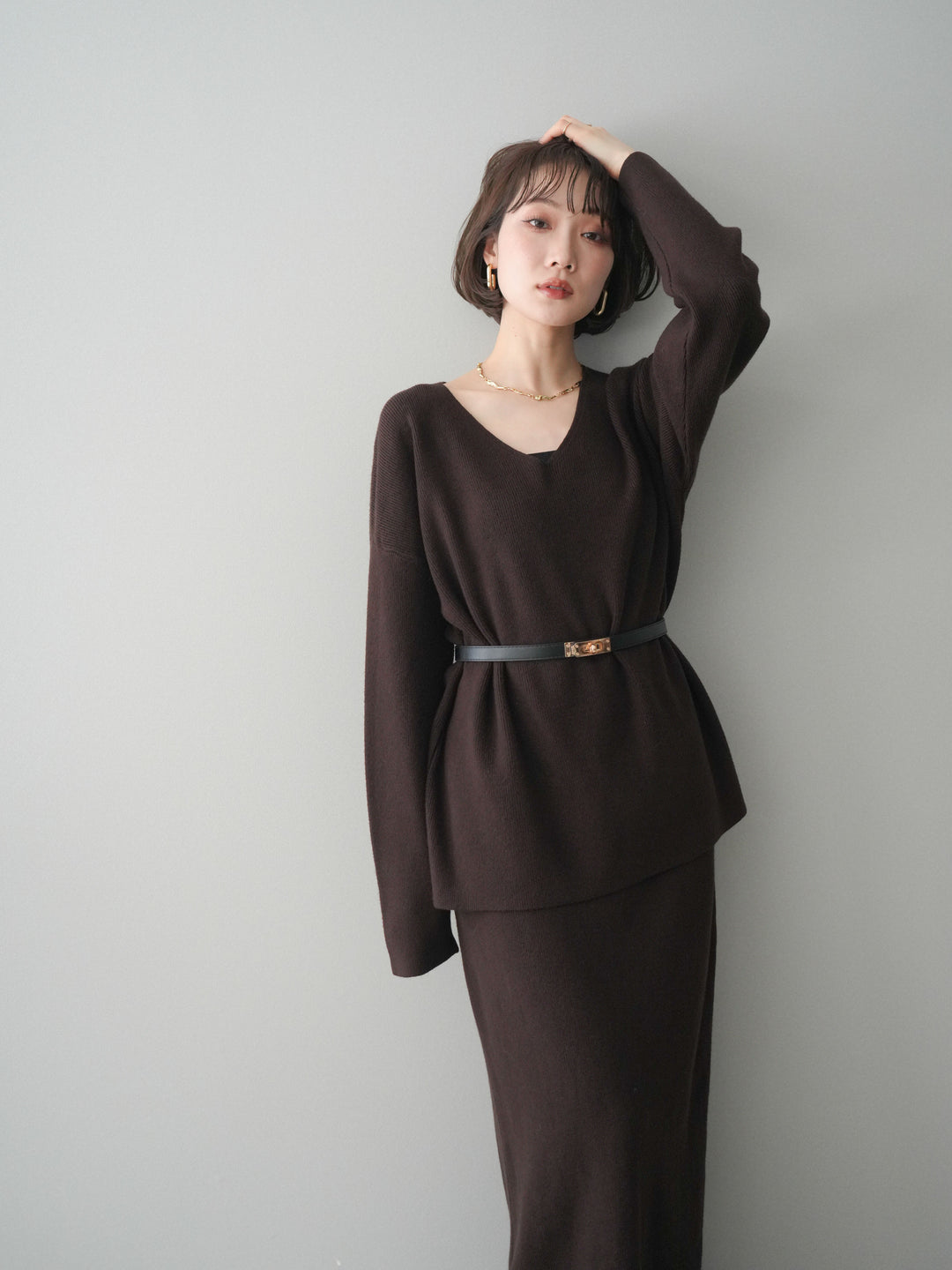 [SET]ベルト付Vネックニット＆スカートSET UP+ベルト付Vネックニット＆スカートSET UP(2set)