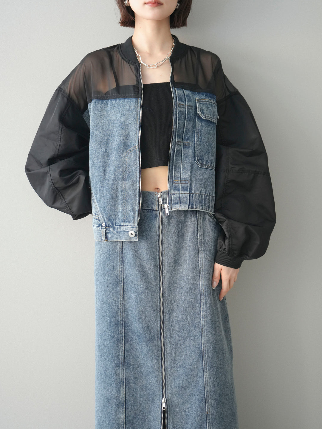 [SET]異素材デニムブルゾン+フロントジップデニムスカート(2set)