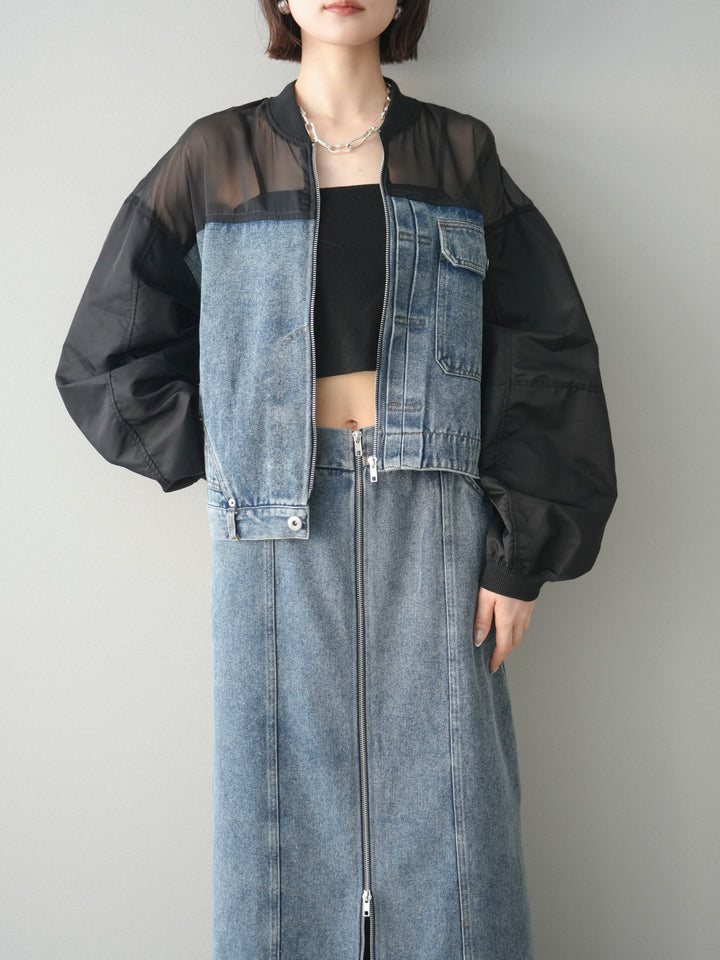 [SET]異素材デニムブルゾン+フロントジップデニムスカート(2set)