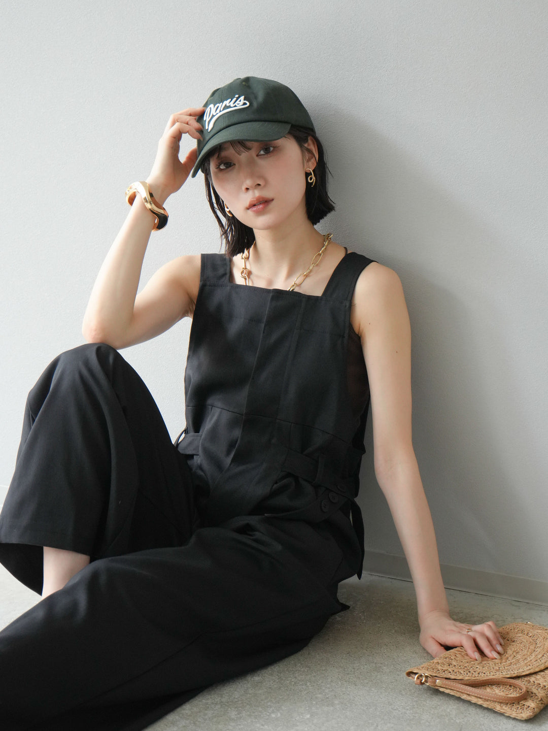 【預購】皮帶設計工裝褲/黑色