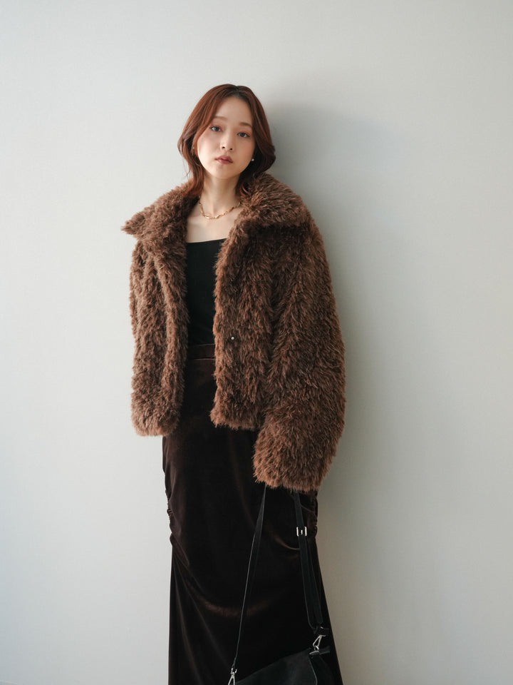 [SET]フェイクファー襟付きショートブルゾン+ギャザーベロアスカート(2set)