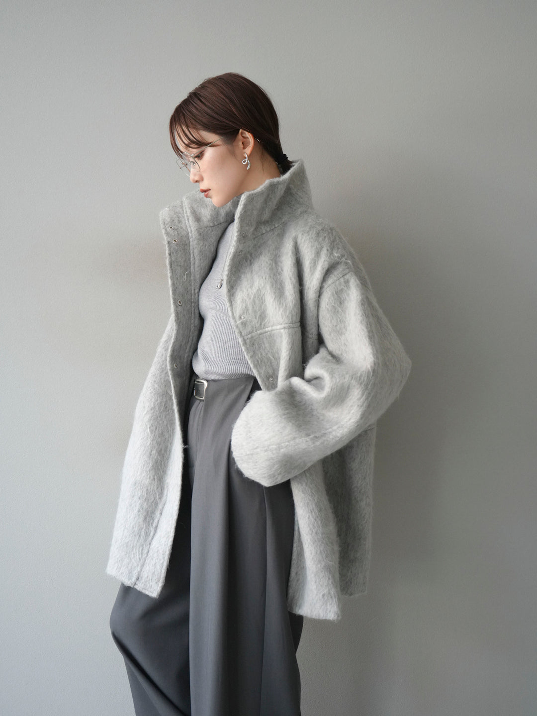 [予約]スタンドカラーシャギーコート/mokugray