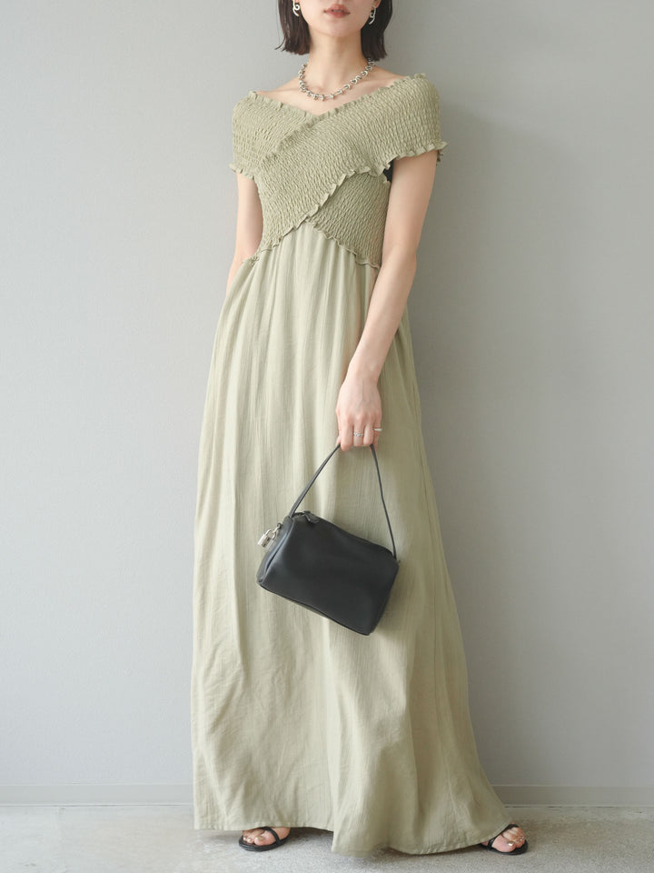 [予約]シャーリングクロスワンピース/グレージュ