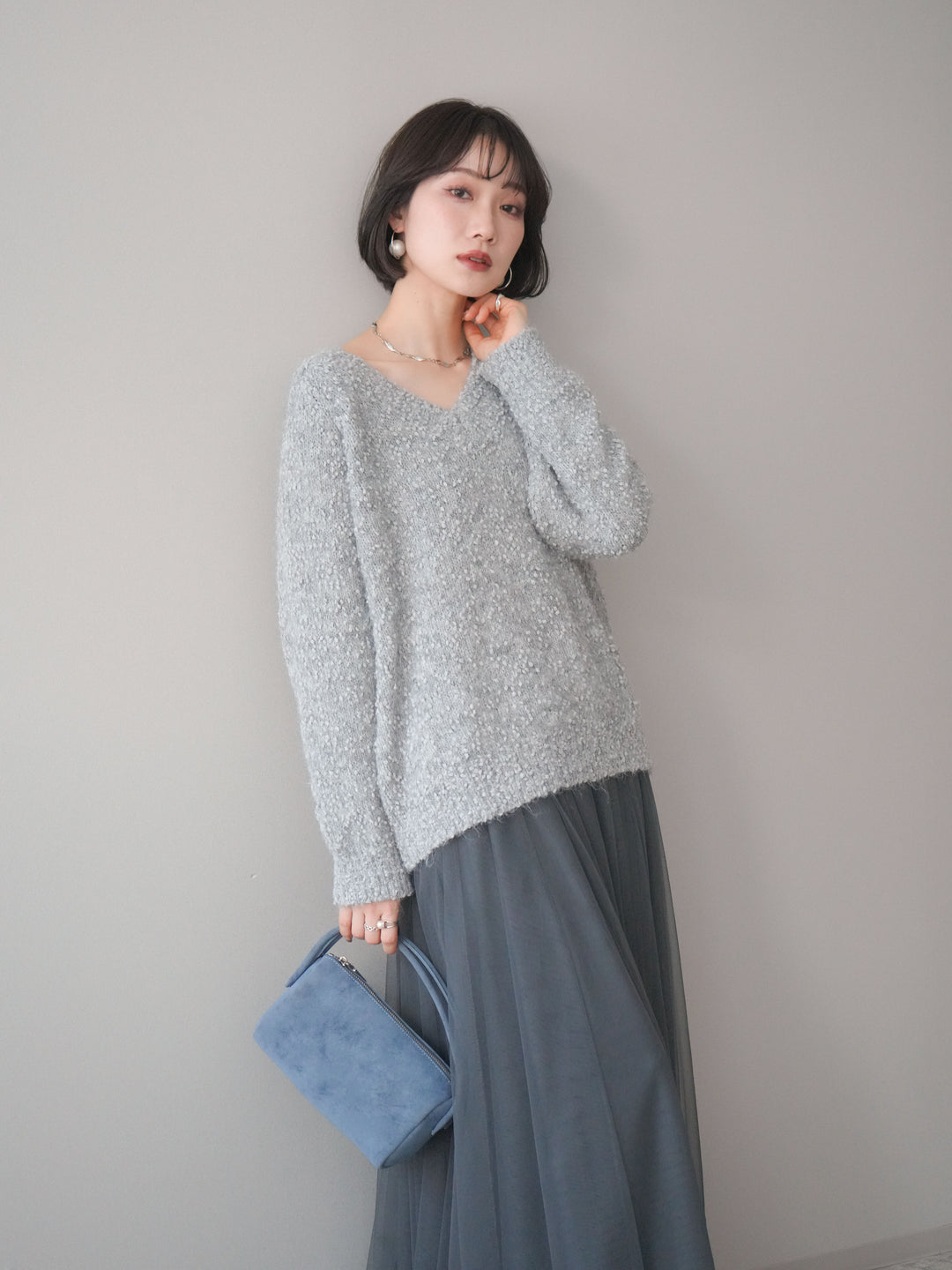 [SET]Vネックスラブニットプルオーバー+選べるアクセセット(2set)