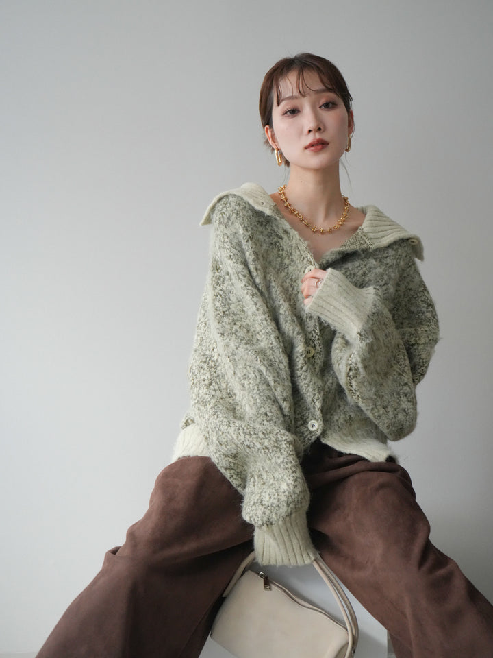 [SET]リブ切替メランジニットカーディガン+モチーフベルト付スエードタックワイドパンツ(2set)