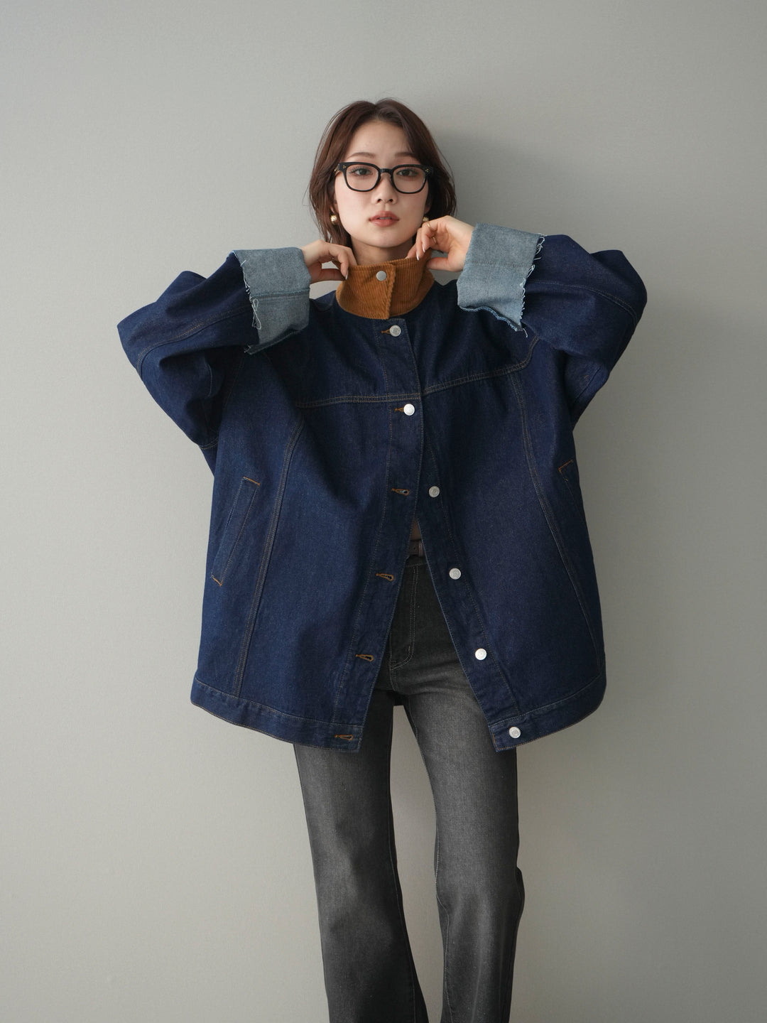 [SET]コーデュロイ×デニムミドルジャケット+フレアデニムパンツ(2set)