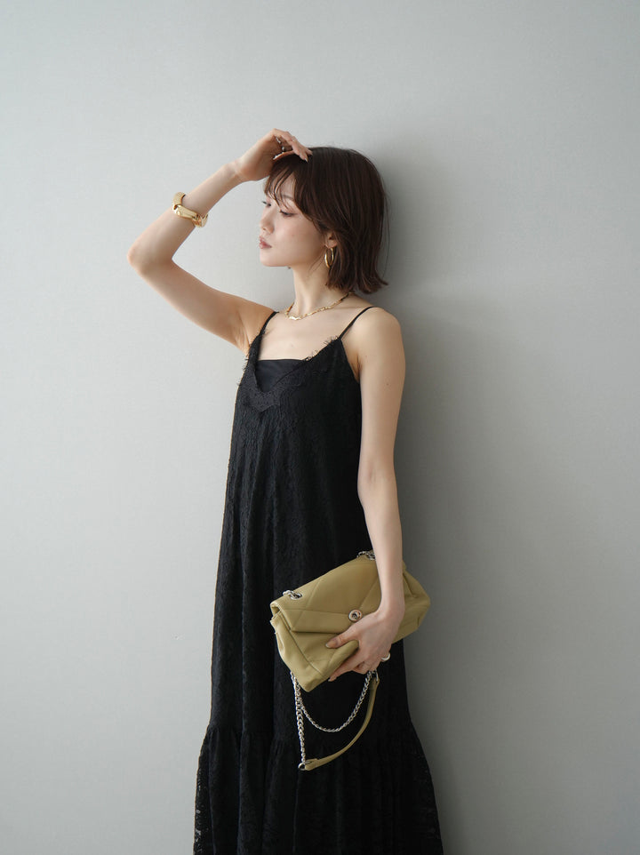 [予約]ギャザー切替レースキャミワンピース/black