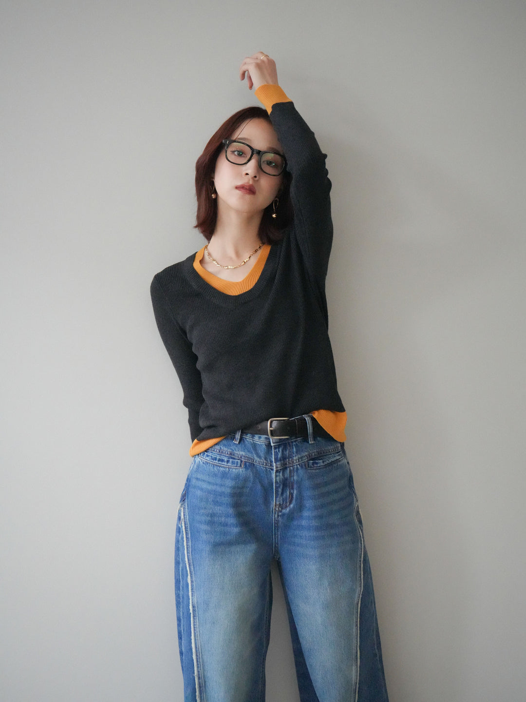 [SET]Uネック配色レイヤードリブニットトップス+サイドフリンジワイドデニムパンツ(2set)