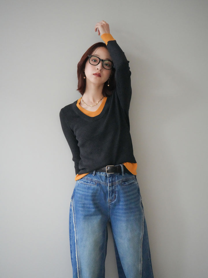 [SET]Uネック配色レイヤードリブニットトップス+サイドフリンジワイドデニムパンツ(2set)