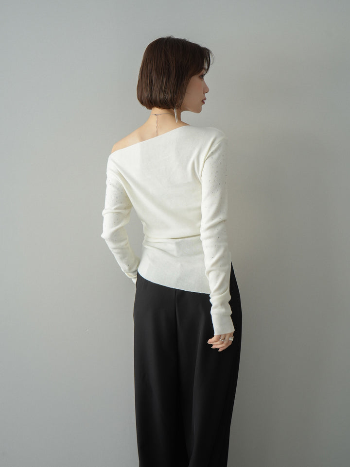 [予約]ラインストーンアシンメトリーニットトップス/ivory