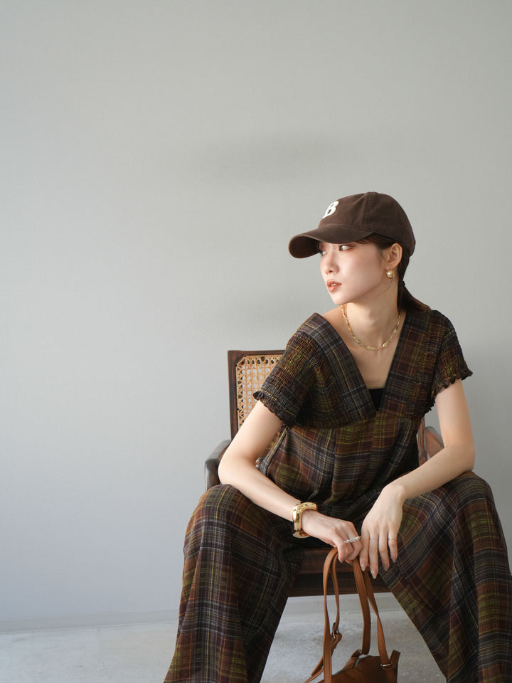 [套裝] 透視格紋褶皺背帶褲 + 配件套裝（2 套）