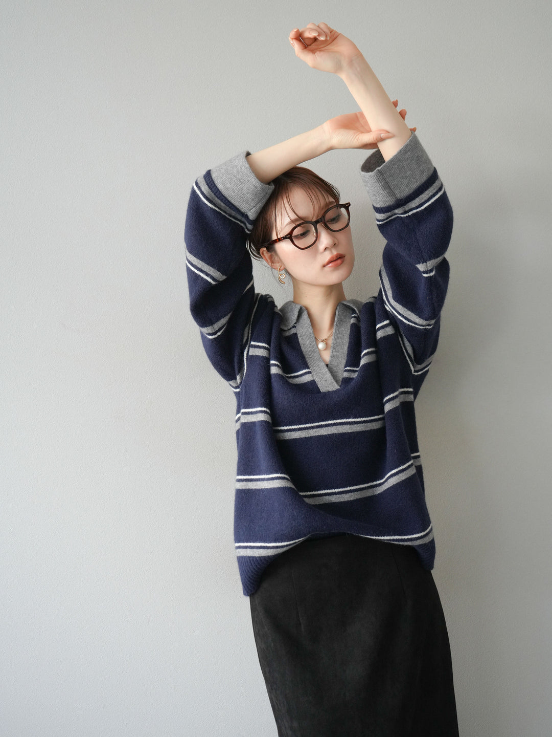 [SET]ポロ襟スキッパーボーダーニットプルオーバー+スウェードIラインスカート(2set)