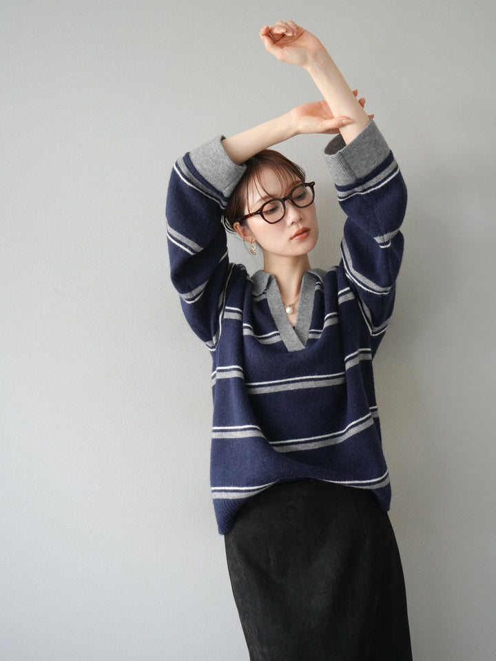 [SET]ポロ襟スキッパーボーダーニットプルオーバー+スウェードIラインスカート(2set)