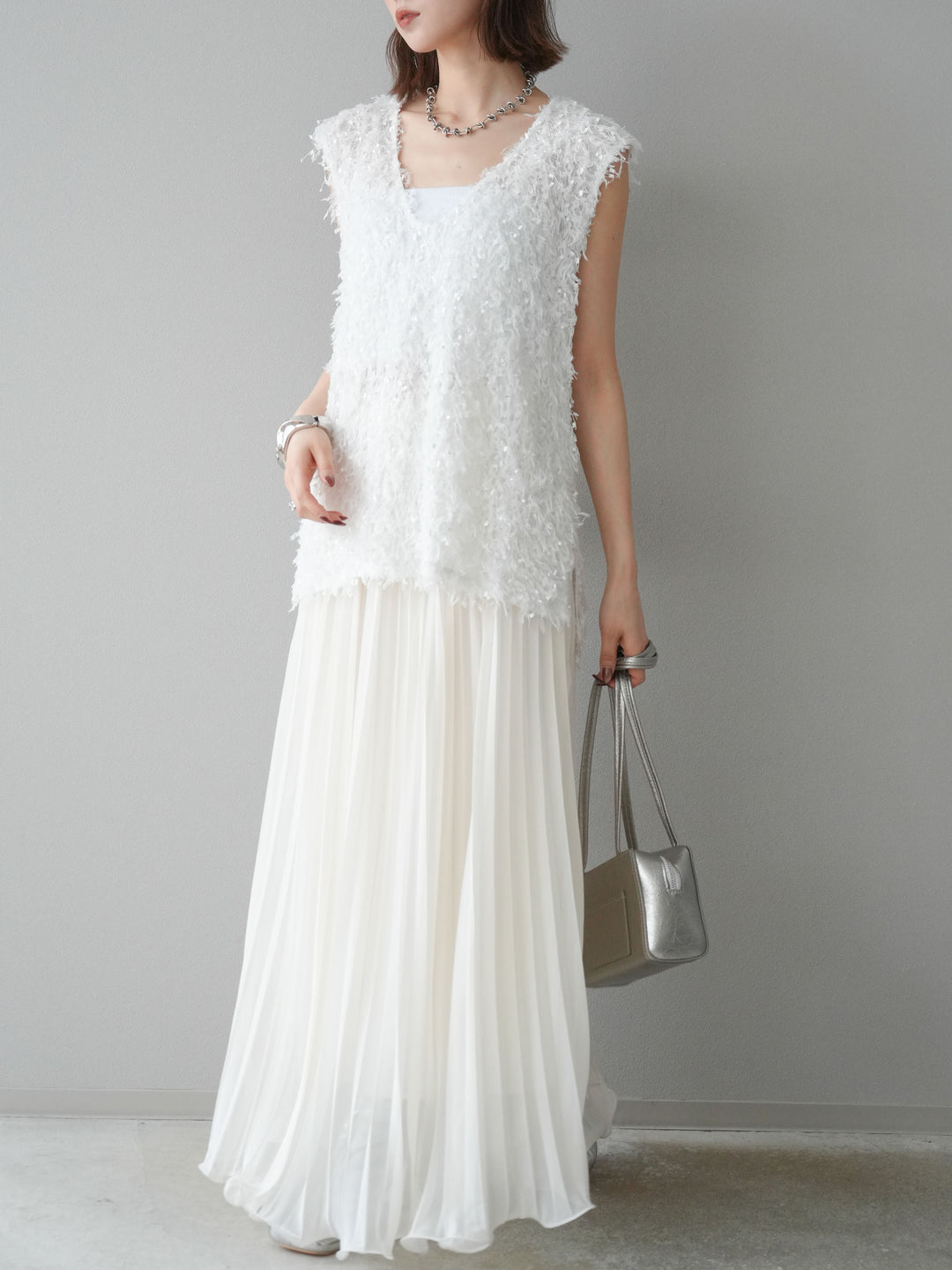 [予約]シフォンプリーツパイピングスカート/アイボリー