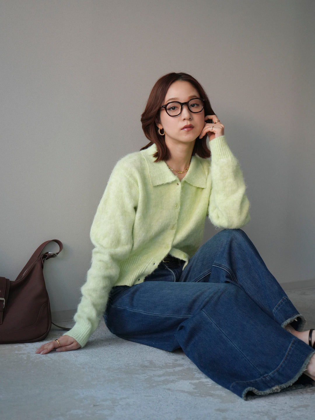 [SET]モヘア衿付きボタンプルオーバー+裏起毛裾フリンジワイドデニムパンツ(2set)