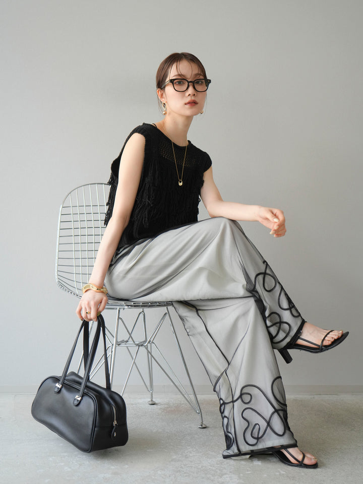 [SET]透かし編みフリンジニットトップス+コード刺繍チュールレイヤードパンツ(2set)