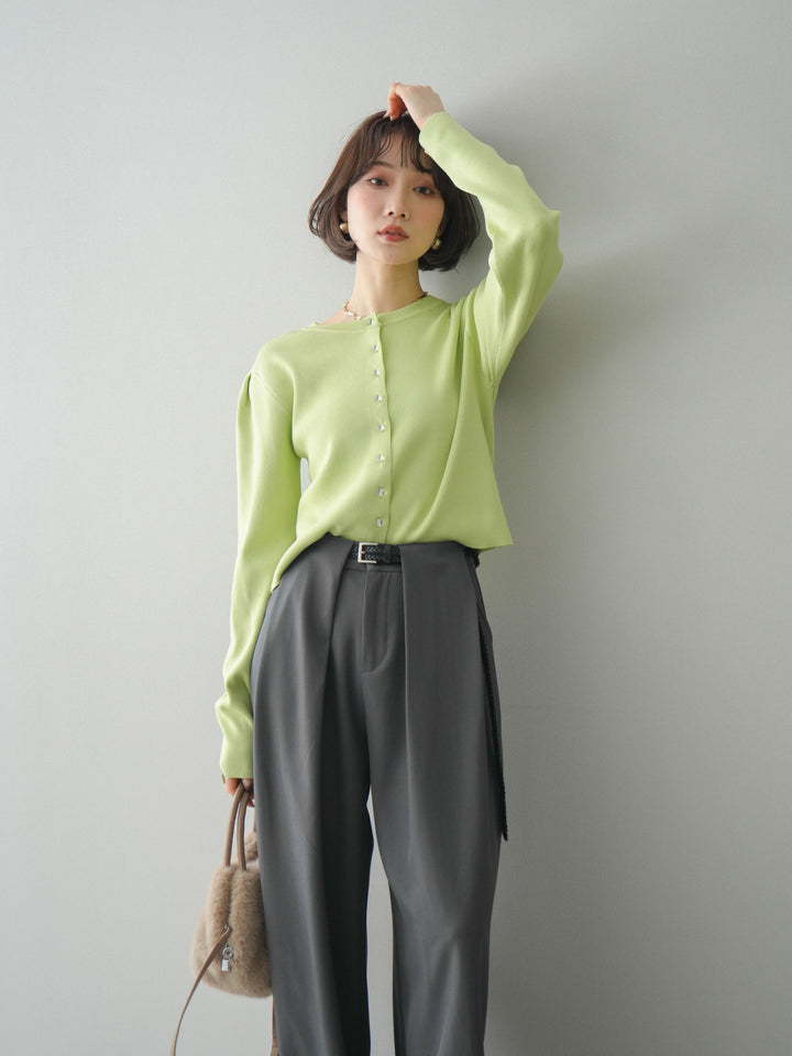 [SET]クリアボタンタックニットカーディガン+ベルトループデザインワイドパンツ(2set)