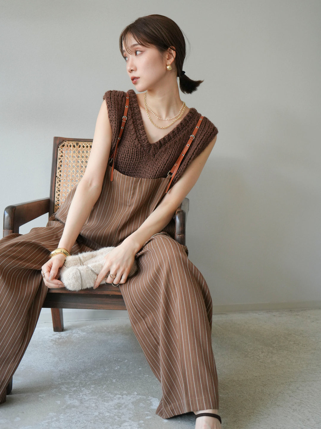[予約]ヘリンボーンストライプサロペット/ブラウン