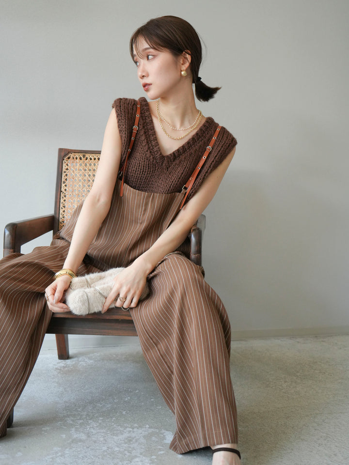 [予約]ヘリンボーンストライプサロペット/ブラウン