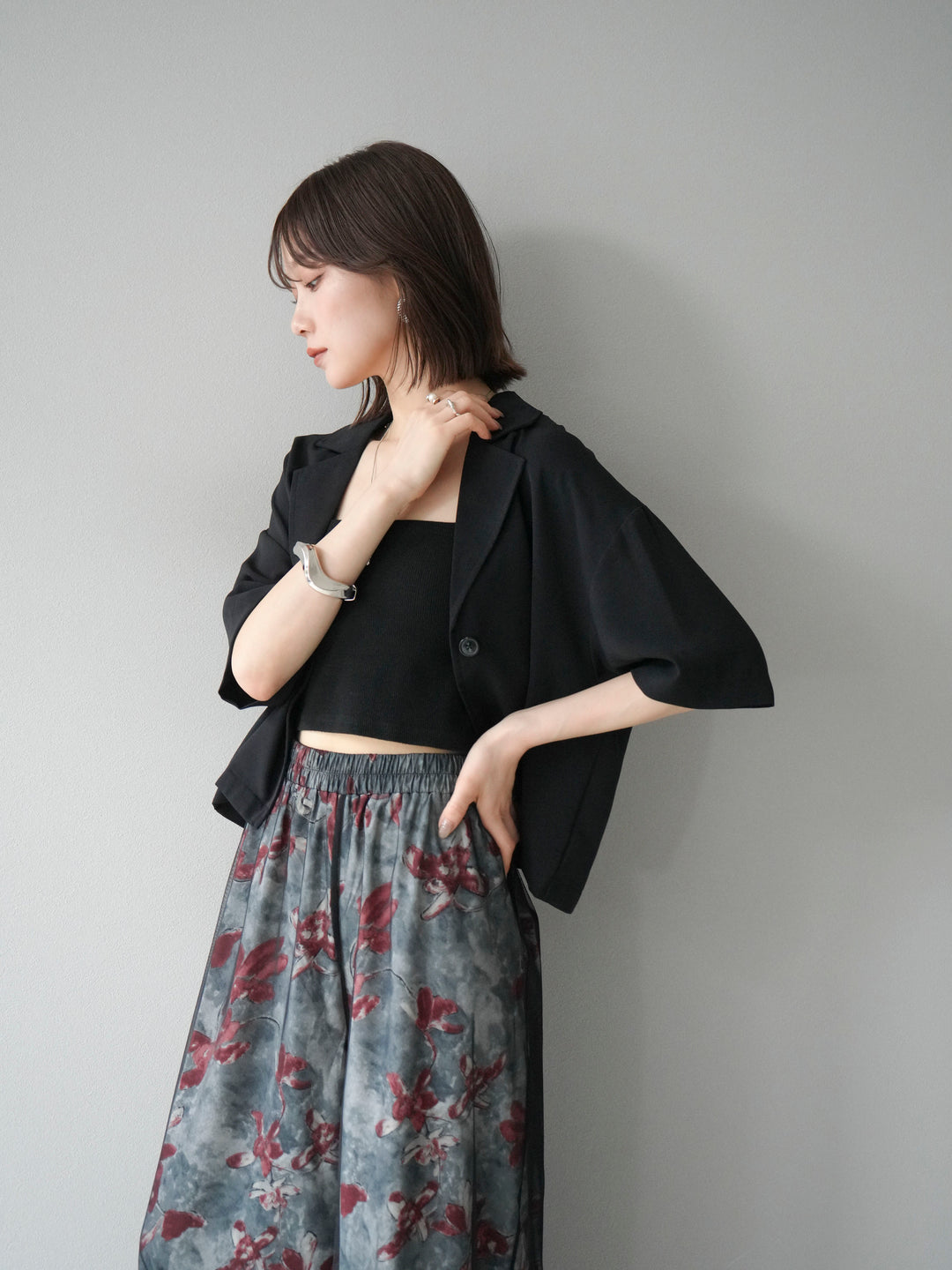 [SET]ハーフショートジャケット+フラワープリントチュールレイヤードパンツ(2set)