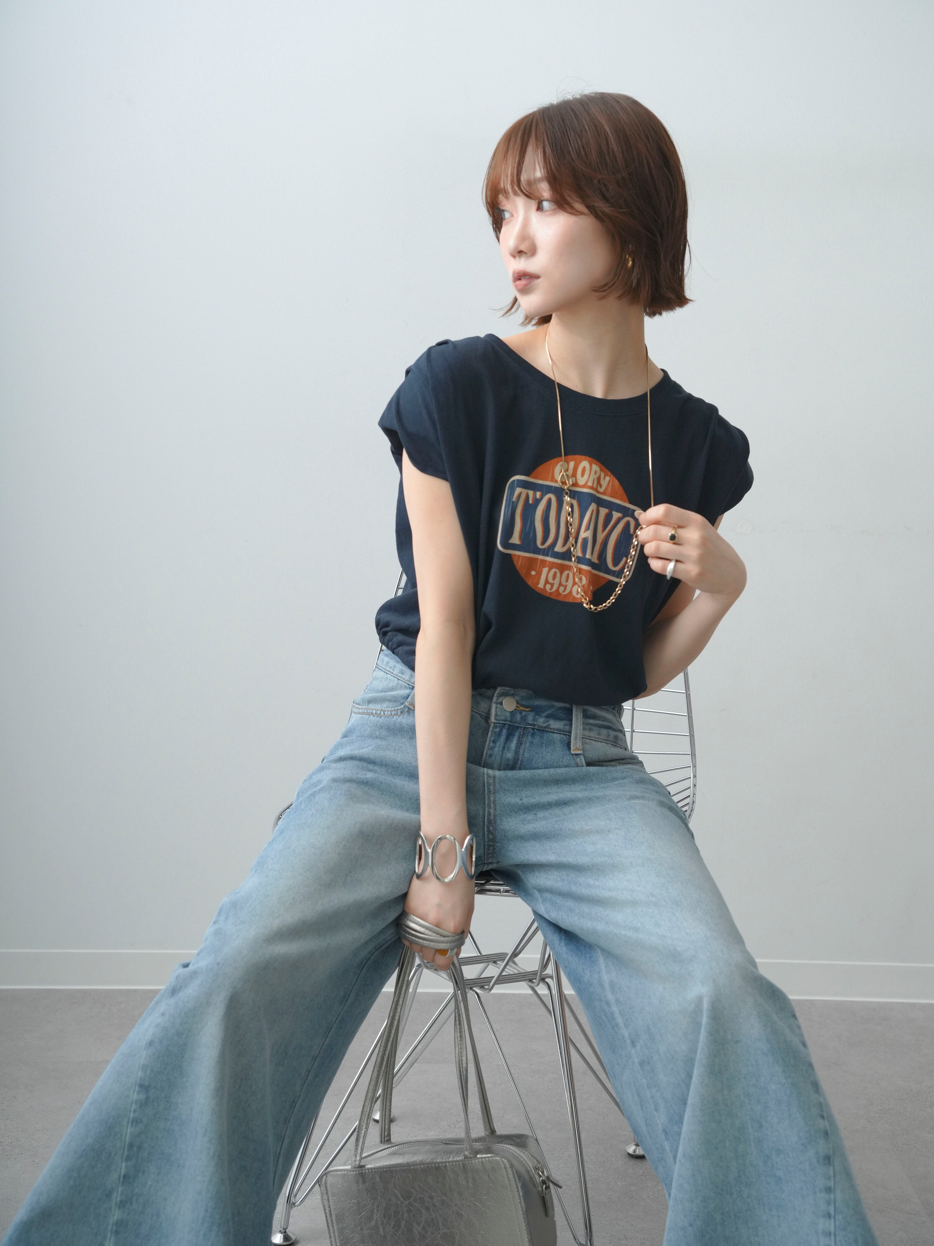SET]ヴィンテージロゴドロストTEE+アシンメトリーウエストワイドデニム