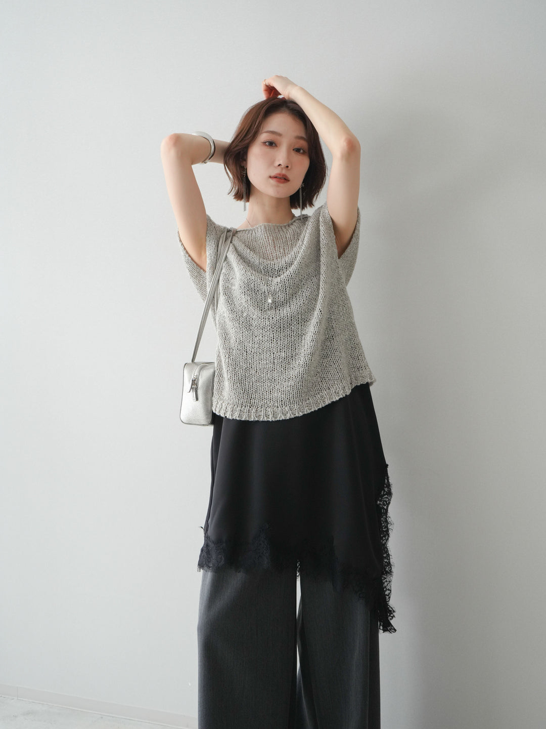 [予約]テープヤーンノースリーブニットトップス/gray