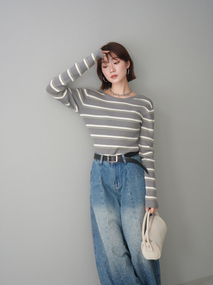 [予約]バックオープンテレコリブマルチボーダートップス/gray