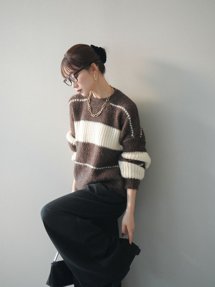 [予約]ネップヤーンボーダーニットプルオーバー/brown