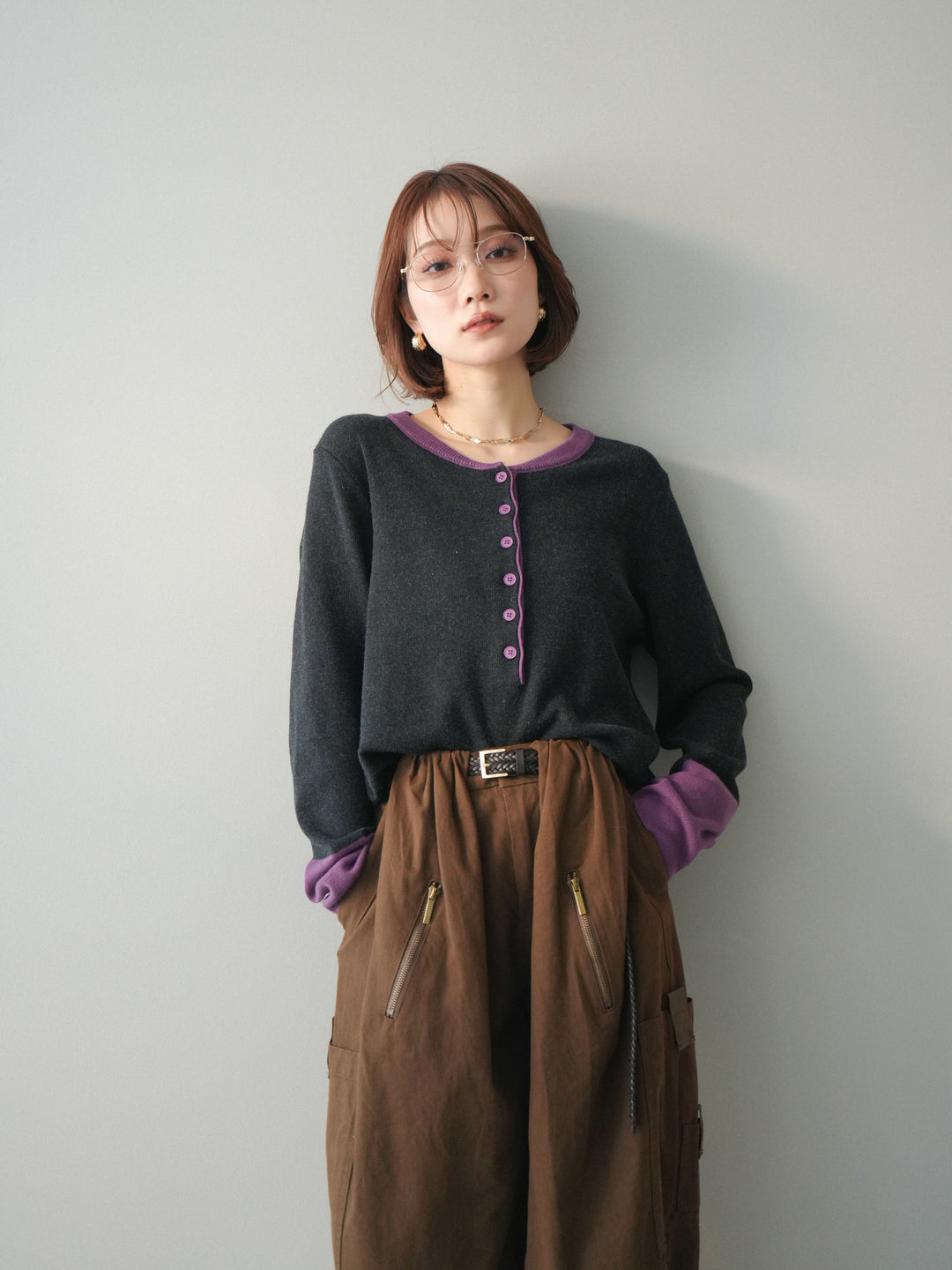 [SET]ヘンリーネック配色ニットソー+コットンタックループパンツ(2set)