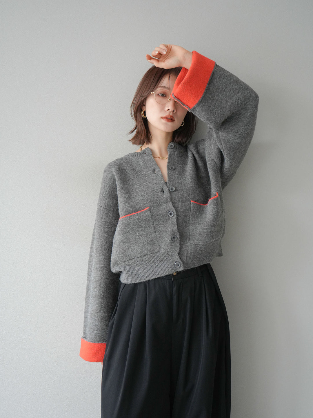 【SET】雙色針織開襟衫+褶襉設計寬褲（2套）