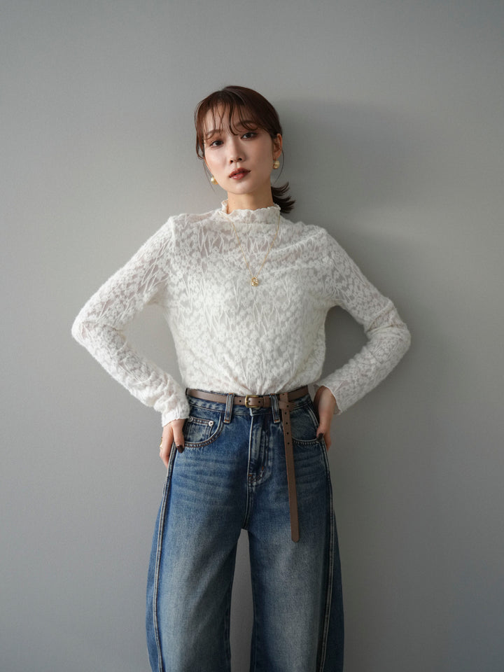 [予約]起毛レースプチネックトップス/white