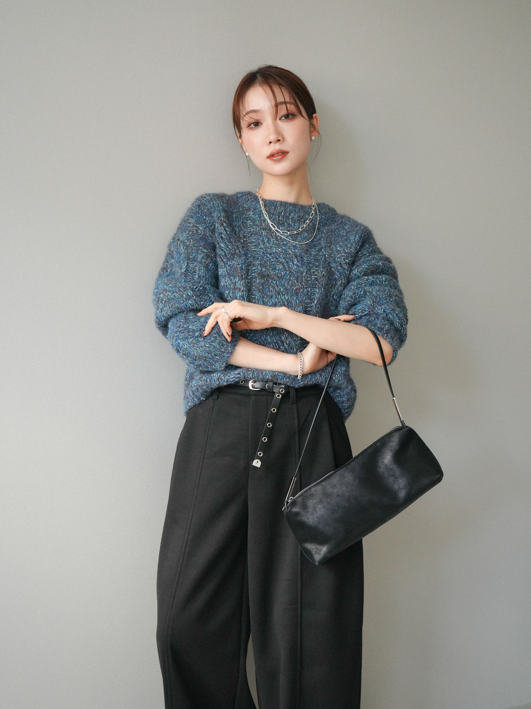 [予約]ワイドケーブルミックスニットプルオーバー/blue