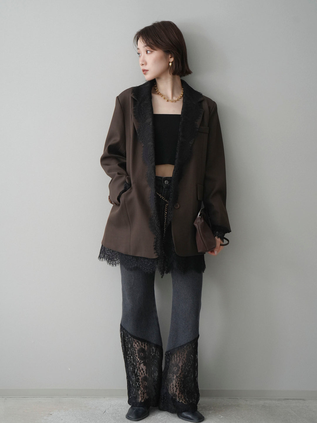 [予約]レース切替フレアデニムパンツ/black