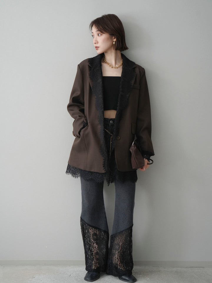 [予約]レース切替フレアデニムパンツ/black