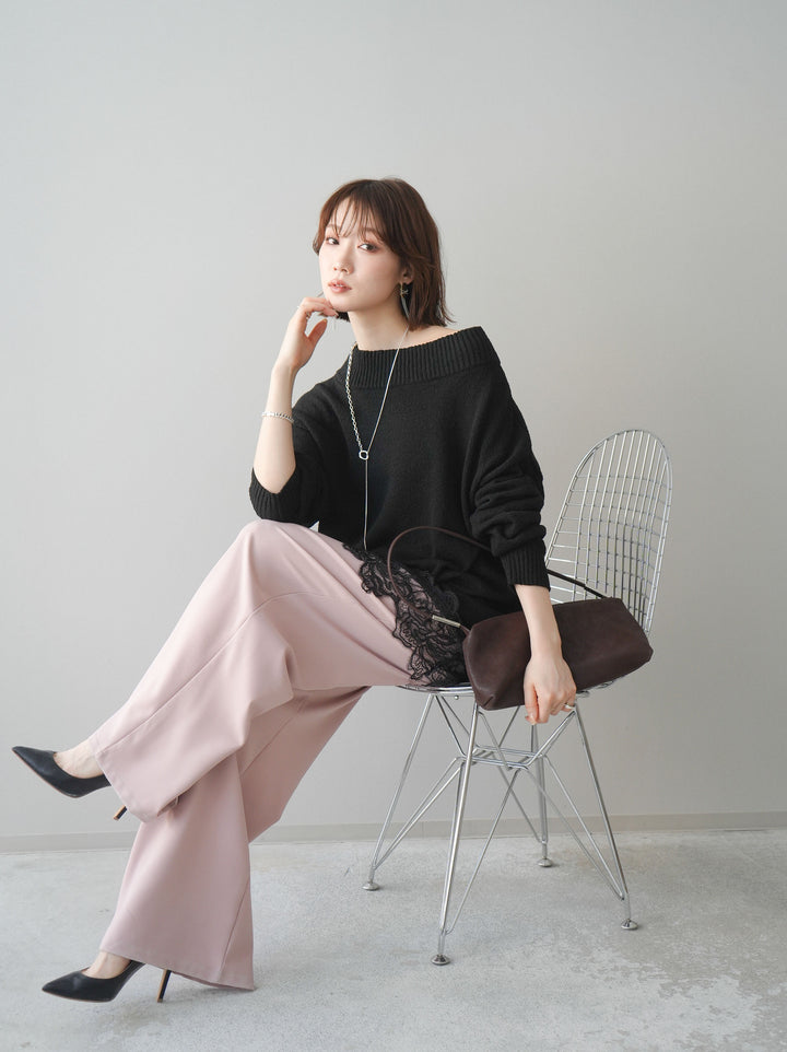 [SET]アシンメトリーレースヘムニットプルオーバー+選べるアクセセット(2set)