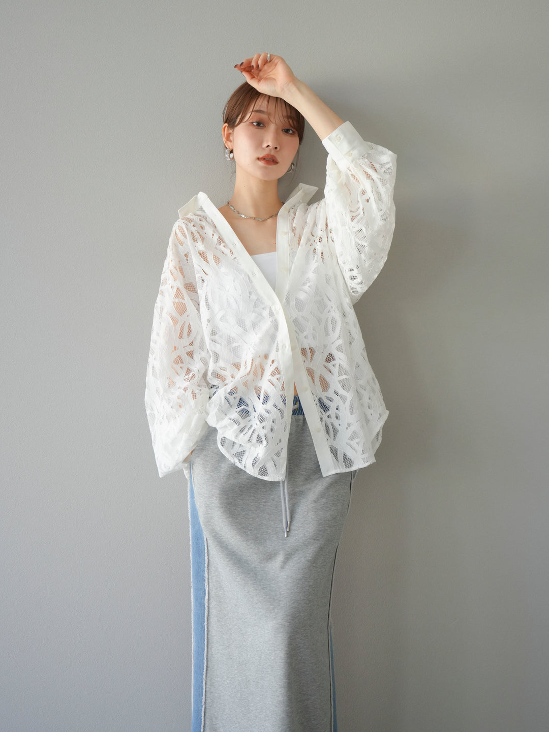 [SET]コードレースオーバーシャツ+デニムドッキングスウェットスカート(2set)