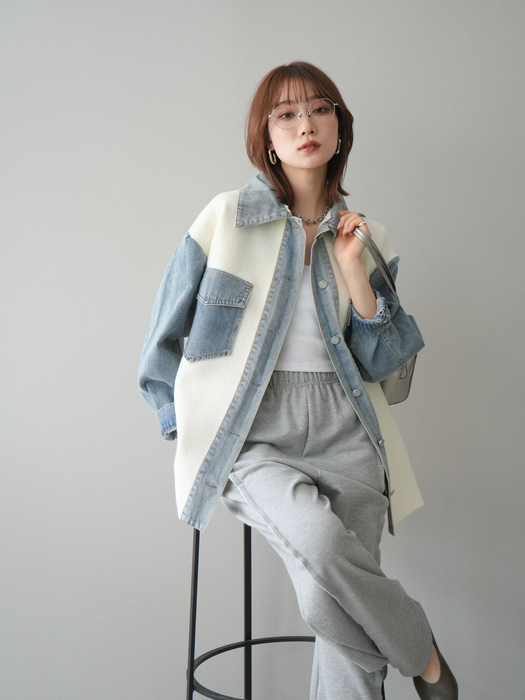 [予約]デニム襟ダブルフェイスニットカーディガン/white