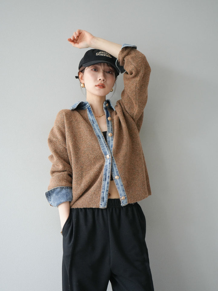 [SET]デニム襟ボタンニットカーディガン+2WAYデザインスウェットパンツ(2set)