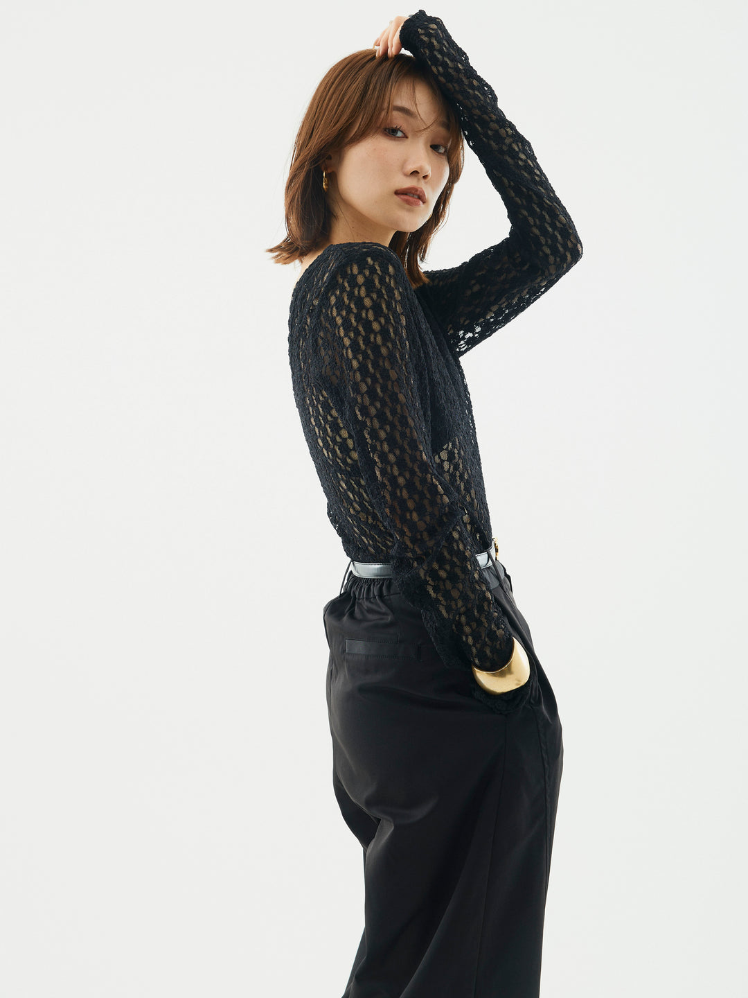 【Allure】[SET]バックラウンドレーストップス+タフタワイドカーブパンツ(2set)