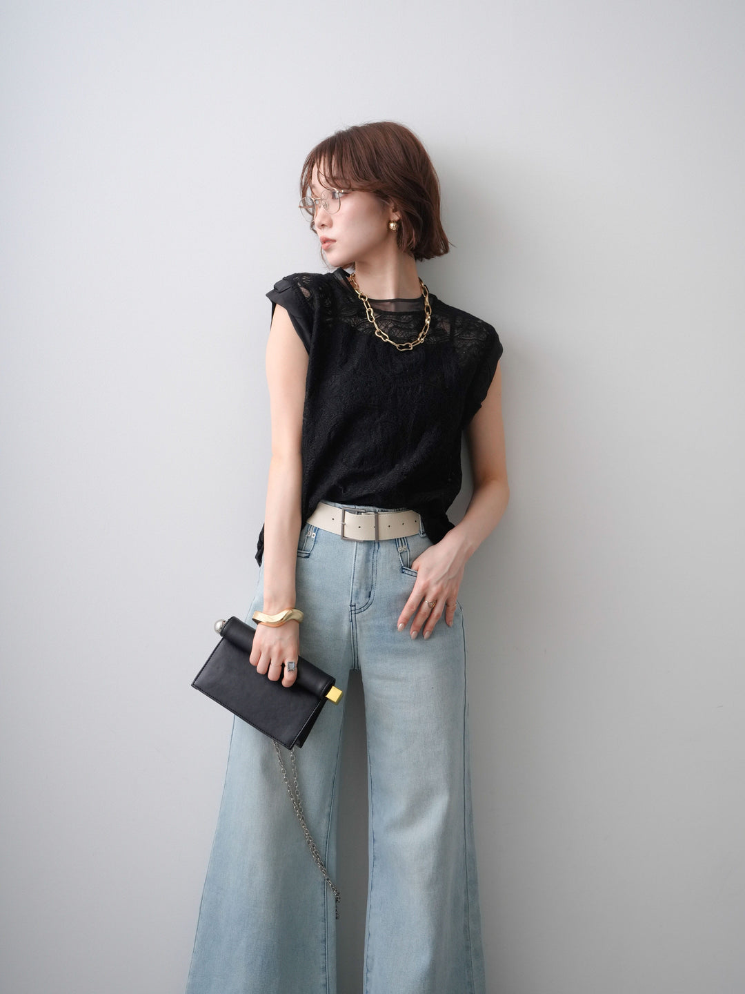 [予約]スカラップヘムレーストップス/black