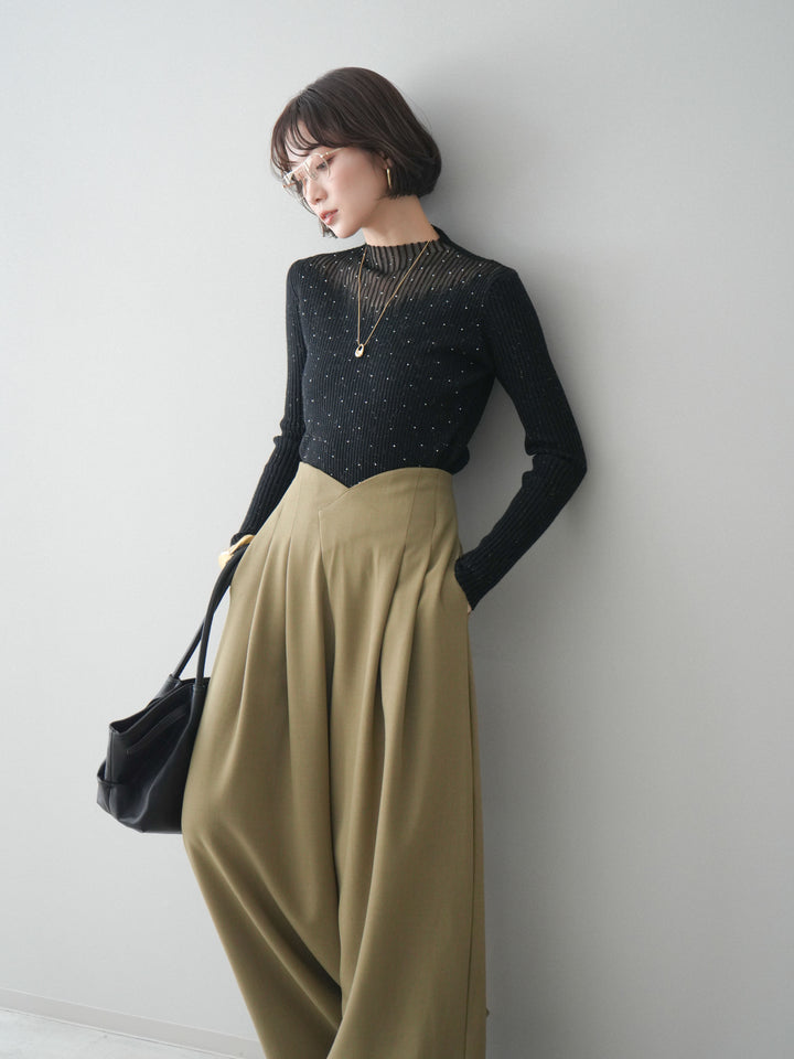[SET]シアー切替スパンコールリブニットトップス+選べるアクセセット(2set)