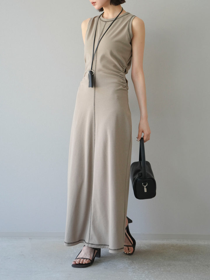 [予約]ウエストオープンステッチカットワンピース/ベージュ