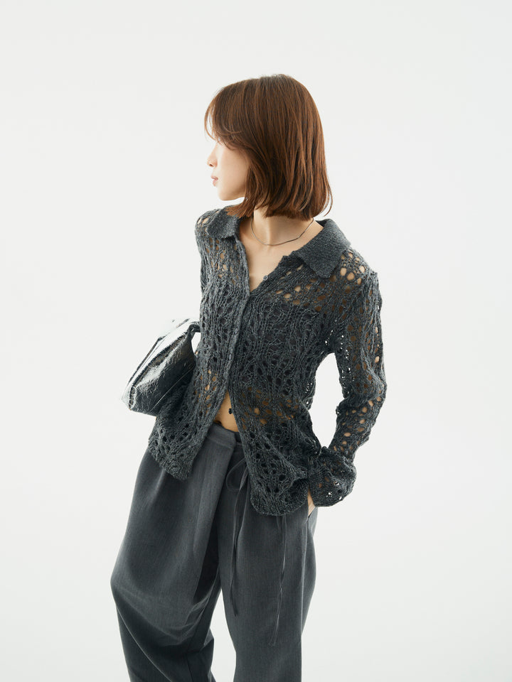 [予約]ローゲージ透かし編みポロニッカーディガン/チャコール