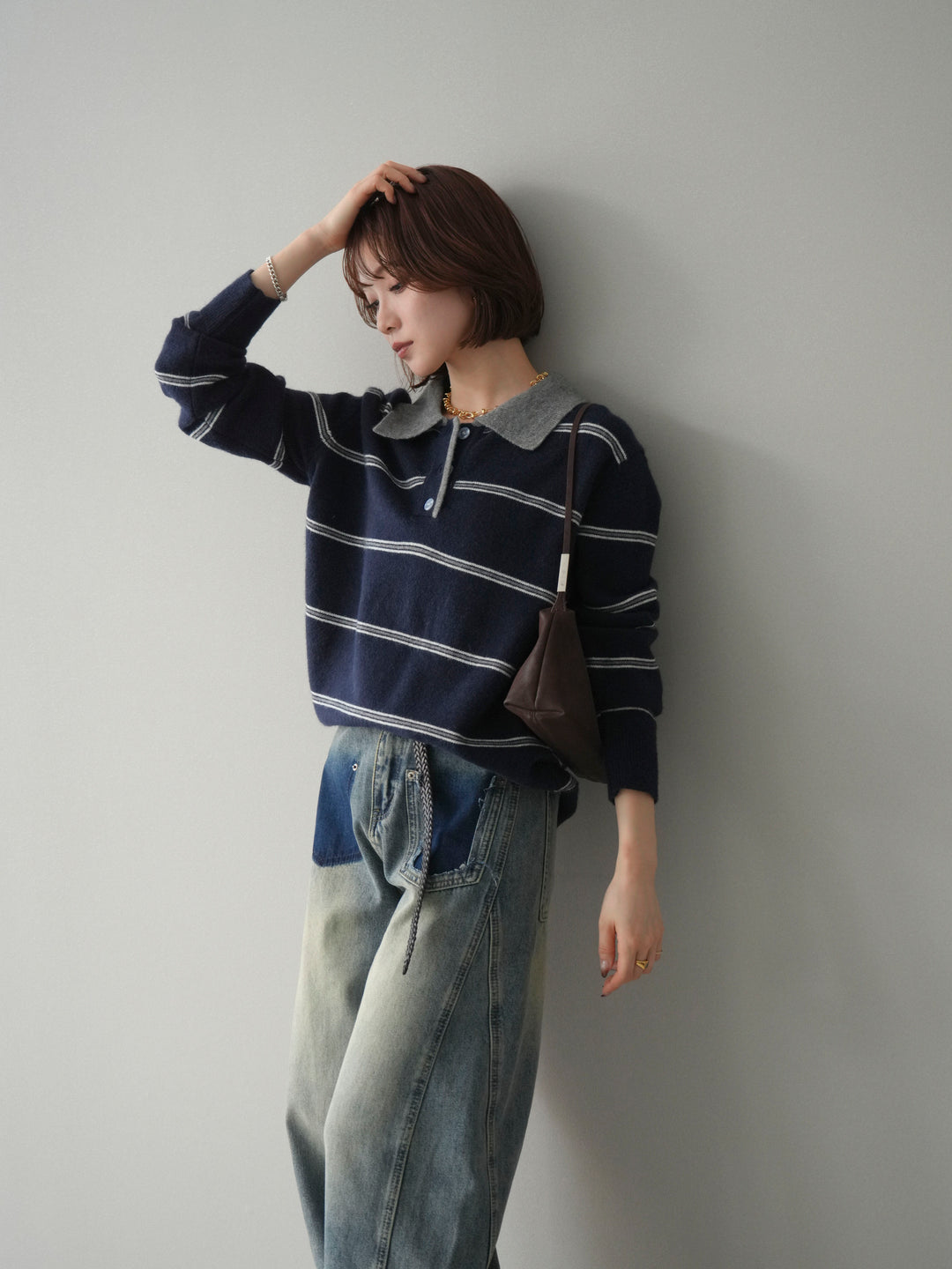 [予約]バイカラーボーダーポロニットプルオーバー/navy