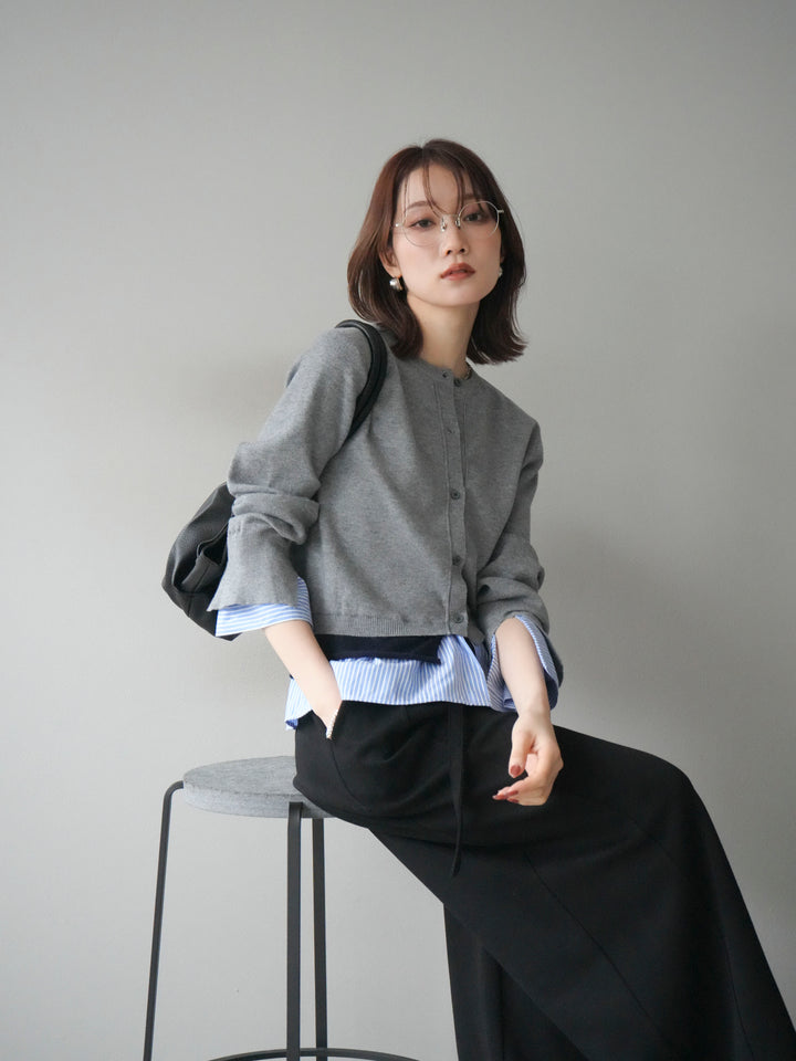 [SET]シャツ襟レイヤードニットカーディガン+ベルト付スウェットワイドパンツ(2set)