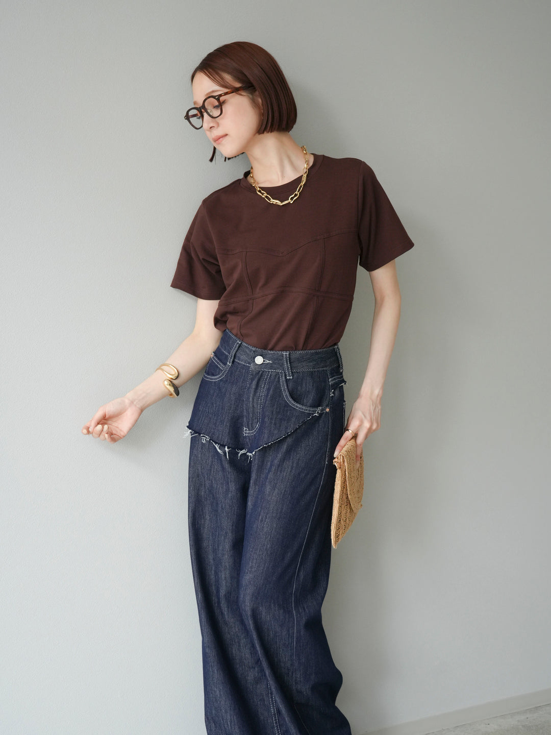 [SET]ビスチェデザインTシャツ+ヒップデザインデニムパンツ(2set)