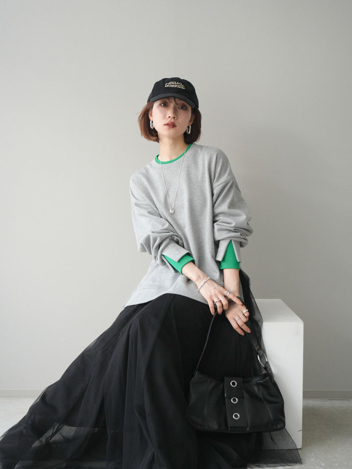 [SET]配色レイヤードデザインスエットプルオーバー+チュールボリュームスカート(2set)